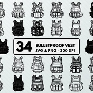 Puede incluir: Un conjunto de 34 ilustraciones en blanco y negro de chalecos antibalas. Las ilustraciones están en una variedad de estilos, incluyendo realistas y de dibujos animados. El texto "34 Bulletproof Vest SVG & PNG - 300 DPI" está en la parte inferior de la imagen.