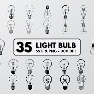 May include: A set of 35 black and white light bulb illustrations. The illustrations are in various styles, including traditional incandescent bulbs, modern LED bulbs, and vintage filament bulbs. The text "35 Light Bulb SVG & PNG - 300 DPI" is at the bottom of the image.