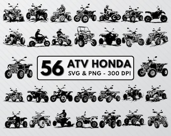 May include: Black and white illustrations of various ATV Honda models. The image includes 56 different designs, with some featuring riders. Text on the image reads "56 ATV HONDA SVG & PNG - 300 DPI".
