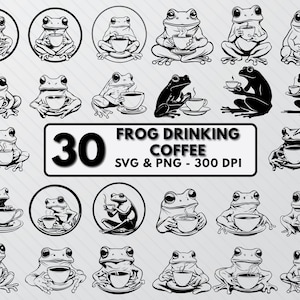 Frog Drinking Coffee Svg Bundle, Frog Drinking Coffee Silhouette, Funny Frog Svg Vector, Coffee Lover Frog Clipart Png, Frog Outline Artwork