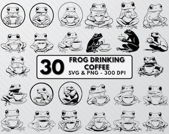 Frog Drinking Coffee SVG Bundle: Funny Clipart, Logo Art (PNG, SVG)