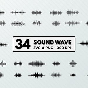 Peut inclure: Un ensemble de 34 illustrations de vagues sonores noires en format SVG et PNG à 300 DPI. Les illustrations sont de formes et de tailles différentes, et elles sont toutes sur un fond blanc.