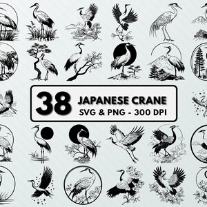 以下が含まれることがあります： 黒と白の日本の鶴のSVGとPNGデジタルファイル38個のセット。鶴は、飛んでいる、立っている、枝にとまっているなど、さまざまなポーズと設定で描かれています。画像の上部には「38 Japanese Crane SVG & PNG - 300 DPI」というテキストが表示されています。