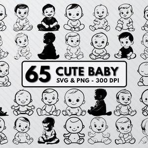 Puede incluir: Un conjunto de 65 ilustraciones en blanco y negro de bebés lindos en varias poses. Las ilustraciones son de estilo de dibujos animados y son perfectas para usar en proyectos digitales o impresos. El texto "65 Cute Baby SVG & PNG - 300 DPI" está en la parte inferior de la imagen.