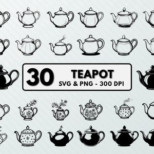 Puede incluir: Un conjunto de 30 ilustraciones de teteras en blanco y negro. Las teteras son de varios estilos, incluyendo tradicional, moderno y caprichoso. El texto "30 TEAPOT SVG & PNG - 300 DPI" está en la parte inferior de la imagen.