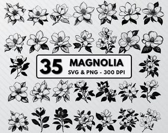 Magnolia Flower SVG Bundle: Silhouette Art, PNG Decal (Digital Download)
