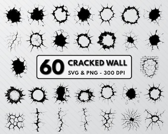 Cracked Wall SVG Bundle, Bullet Hole, Smash Brick Clipart (PNG)