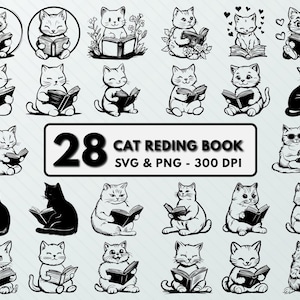 Cat Reading Book SVG PNG Bundle: Silhouette Clipart, Vector Cut Files