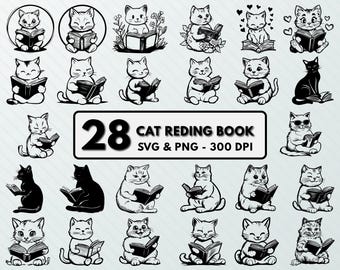 Cat Reading Book SVG PNG Bundle: Silhouette Clipart, Vector Cut Files