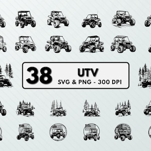 May include: A set of 38 black and white SVG and PNG digital files featuring illustrations of UTVs. The illustrations include UTVs in various poses, including driving, parked, and with flags. The text "UTV SVG & PNG - 300 DPI" is included in the image.
