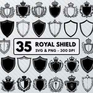 Puede incluir: Un conjunto de 35 archivos SVG y PNG de escudos reales en blanco y negro, perfectos para crear logotipos, marcas y otros proyectos de diseño. Los escudos están decorados con coronas y elementos florales.