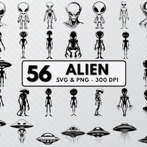 Może przedstawiać: Zestaw 56 czarno-białych plików SVG i PNG z motywem kosmitów, idealny do projektów rękodzieła i projektowania. Obrazy przedstawiają różne wzory kosmitów, w tym klasyczne szare kosmity, kosmiczne stworzenia i UFO. Tekst "56 Alien SVG & PNG - 300 DPI" jest wyświetlany na białym tle.