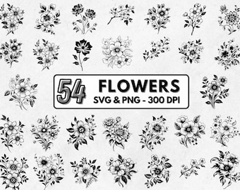 54 Flowers Svg Bundle, Flower Silhouette, Floral Clipart Png, Flowers Outline Svg, Flowers Vector, Floral Bouquet Svg, Wedding Flower Vase