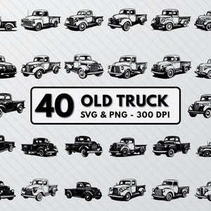 May include: A collection of 40 black and white vintage truck illustrations. The trucks are all different styles and have a classic look. The text "40 OLD TRUCK SVG & PNG - 300 DPI" is at the bottom of the image.