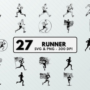 Puede incluir: Un conjunto de 27 ilustraciones vectoriales en blanco y negro de corredores. Las ilustraciones presentan corredores en varias poses, incluyendo correr con la bandera estadounidense, correr en círculo y correr con un número de dorsal. El texto "27 RUNNER SVG & PNG - 300 DPI" se muestra en la parte inferior de la imagen.