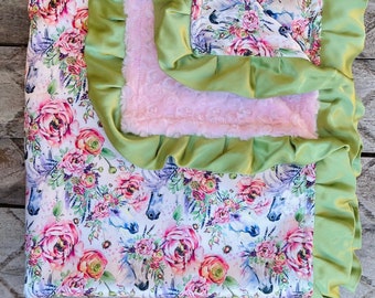 LYRA BABY BLANKET /Gorgeous silky satin print with plush pink minky swirls & 2” satin trim/ Unique baby shower gift/ shabby chic