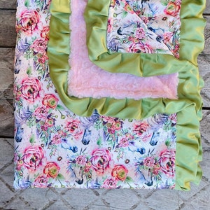 LYRA BABY BLANKET /Gorgeous silky satin print with plush pink minky swirls & 2 satin trim/ Unique baby shower gift/ shabby chic image 1