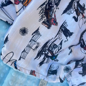 COWBOY BABY BLANKET Silky satin western cowboy print with baby blue minky dimples soothing fabrics for baby available in 4 sizes image 3