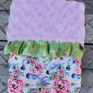 LYRA BABY BLANKET /Gorgeous silky satin print with plush pink minky swirls & 2 satin trim/ Unique baby shower gift/ shabby chic image 3