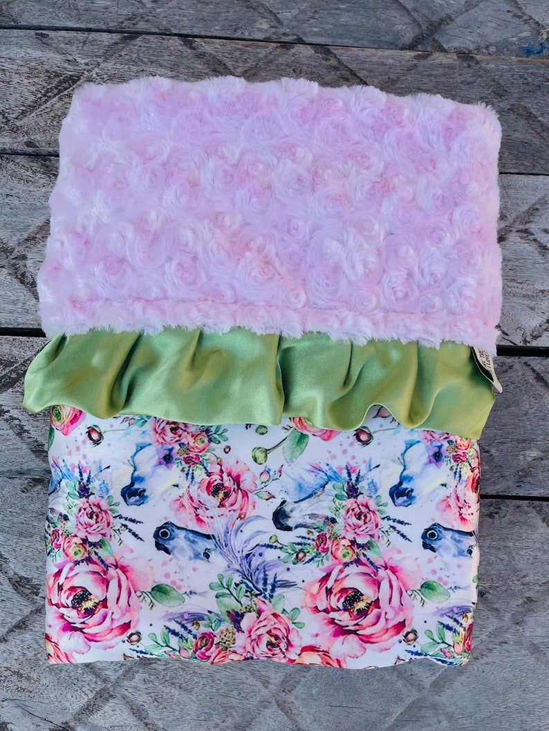 LYRA BABY BLANKET /Gorgeous silky satin print with plush pink minky swirls & 2 satin trim/ Unique baby shower gift/ shabby chic image 3