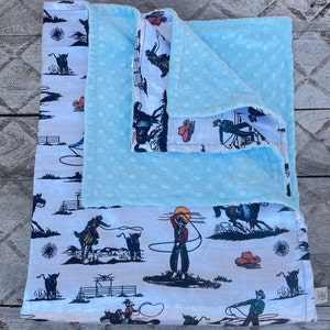 COWBOY BABY BLANKET Silky satin western cowboy print with baby blue minky dimples soothing fabrics for baby available in 4 sizes image 1