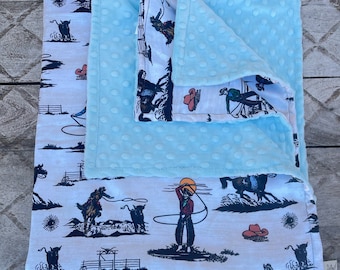 COWBOY BABY BLANKET - Silky satin western cowboy print with baby blue minky dimples - soothing fabrics for baby - available in 4 sizes