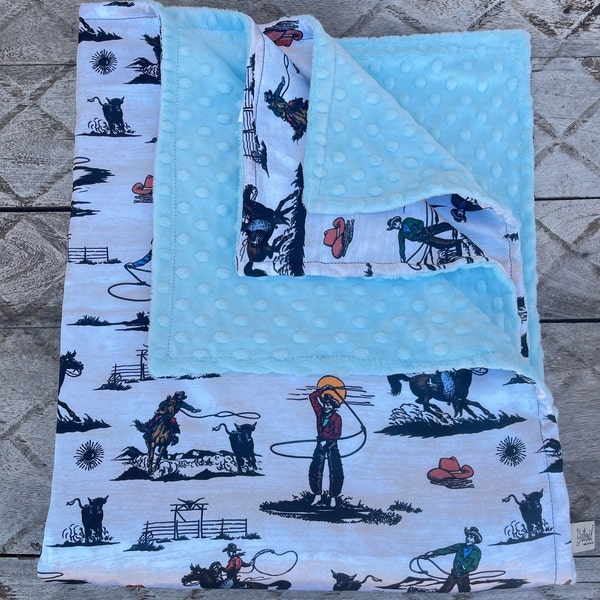 COWBOY BABY BLANKET - Silky satin western cowboy print with baby blue minky dimples - soothing fabrics for baby - available in 4 sizes