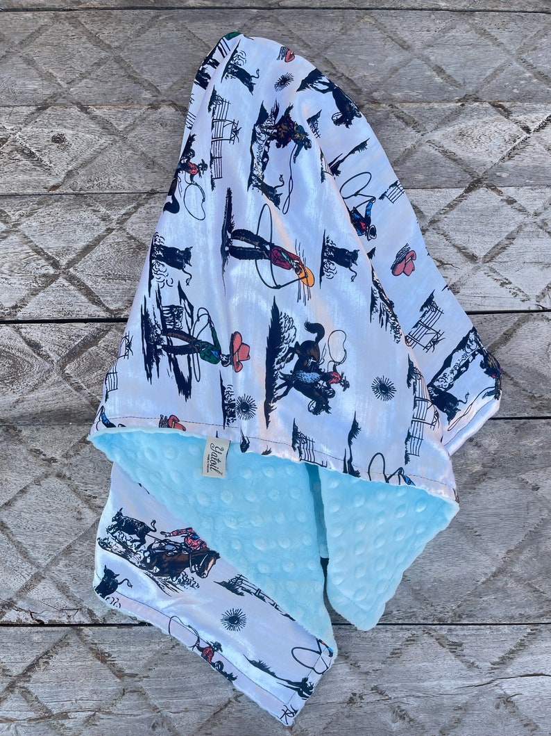 COWBOY BABY BLANKET Silky satin western cowboy print with baby blue minky dimples soothing fabrics for baby available in 4 sizes image 2