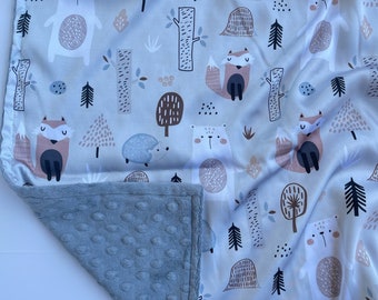 FOREST ANIMAL BLANKET / satin print with soft plush minky dimples, soothing blanket / Great baby shower gift/ baby nursery gift