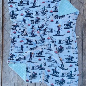COWBOY BABY BLANKET Silky satin western cowboy print with baby blue minky dimples soothing fabrics for baby available in 4 sizes image 4