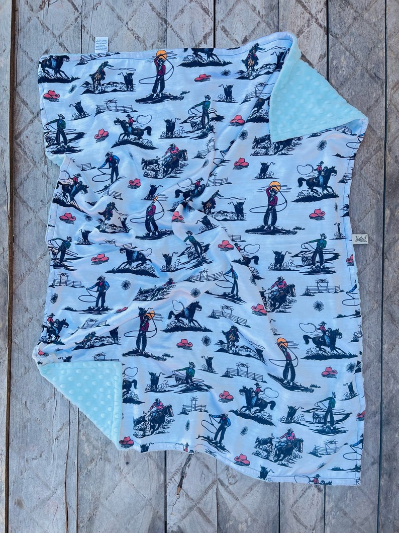 COWBOY BABY BLANKET Silky satin western cowboy print with baby blue minky dimples soothing fabrics for baby available in 4 sizes image 4