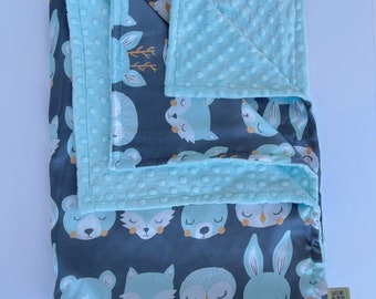 SLEEPY ANIMAL BLANKET / satin print with soft plush minky dimples, soothing blanket / Great baby shower gift/ baby nursery gift