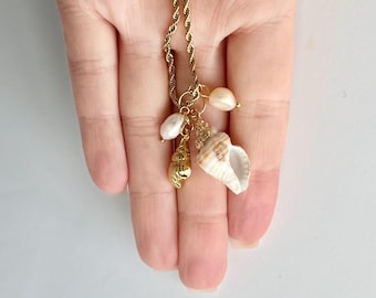 Shell Necklace. Multi Charm Shell Pearl Necklace. Gold Rope Chain Pendant Necklace Gift For Her. Ocean Beach Jewelry. Summer Holiday Present