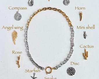 Mixed Metal Carabiner Charm Necklace: Two-Tone Stainless Steel, 18k Gold