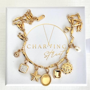 May include: Gold charm bracelet featuring a variety of charms, including a starfish, a sun, a square with rhinestones, a pearl, and a green gemstone. The bracelet is presented in a white box with the words "Charming Street" printed on it.