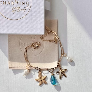 OCEAN SEA SHELL Charm Bracelet. 18k Pvd Gold Plated Chain. Shell, Crab, Starfish, Sun, Pearl. Beach Summer Gift For Her Birthday Present.
