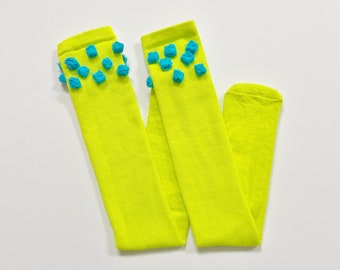 Pom Pom Roller Skate Socks - Acid Yellow and Blue
