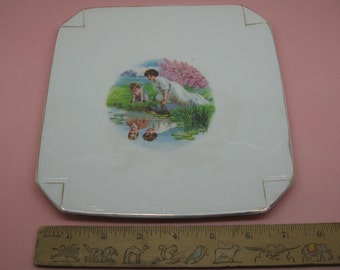 SALE Antique Napkin Fold Plate with Exceptional Transfer Cupid and True Love