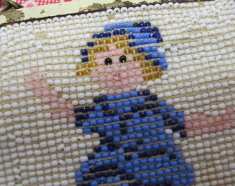 SALE Vintage Childs Small Beaded Purse with Little Skipping Girl