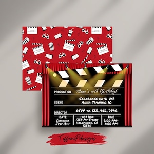 Peut inclure: Une invitation de claquette de film rouge et noire avec des projecteurs dorés. Le texte indique "Anna's 10th Birthday! Celebrate with us! Anna turning 10. RSVP to 123-456-7890. Saturday, July 13th. 1234 My Street, Hollywood, CA 12345. 2:00 PM - 4:00 PM".