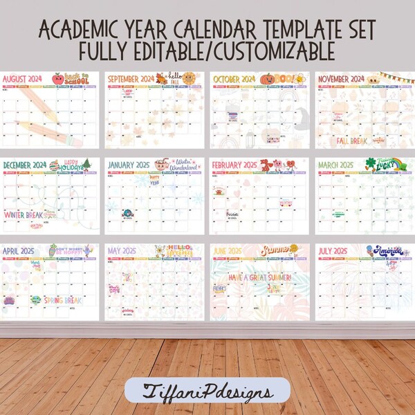 Customizable 2024 2025 Academic Calendar Downloadable Set of 12