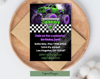 Custom Monster Truck Birthday Invitation: Green & Purple (Printable Canva Template)