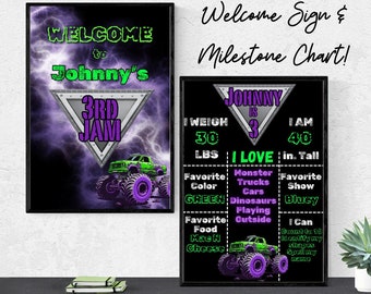 Customizable Monster Truck Birthday Decor Set, Printable Welcome Poster & Milestone Sign, Canva Template