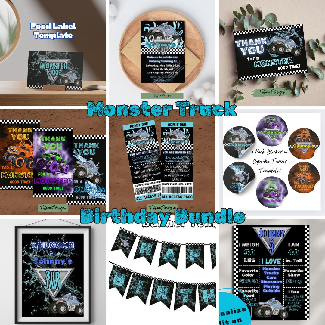 Blue Shark Monster Truck Birthday Party Bundle: Printable Templates (Digital Download)