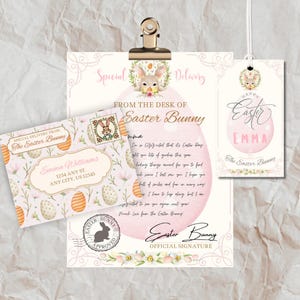 Conjunto de cartas de conejito de Pascua editables: desde el escritorio del conejito de Pascua imprimible. Incluye plantilla de sobre y etiqueta de regalo. Descarga instantánea en PDF.