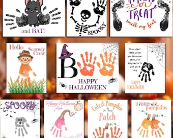 May include: A collection of ten white rectangular cards featuring Halloween-themed handprint and footprint art. Designs include a bat, skeleton, spider, scarecrow, and pumpkins with text such as I love you to the moon and BAT, STAY SPOOKY, and TRICK OR TREAT.