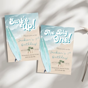 Editable Boy The Big One Surfing 1st Birthday Party Invitation- Surfs Up for any age, Retro Boy Surfboard Beach Party Invite Download