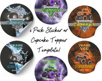 Monster Truck Stickers And/Or Cupcake Toppers Printable Template- Set of 6 Editable Templates