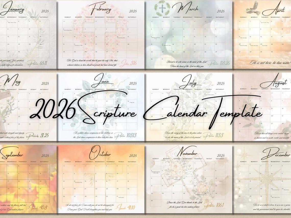 2026 Monthly Calendar With Bible Verses Landscape W/scriptures, Letter ...