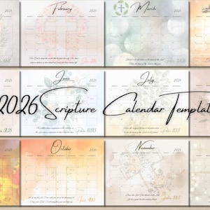 以下が含まれることがあります： 柔らかい水彩デザインの2026年聖書カレンダーテンプレート。各月は異なる背景色、花のアクセント、聖書の詩が特徴です。カレンダーは、月と年が上部に表示されるグリッドレイアウトです。